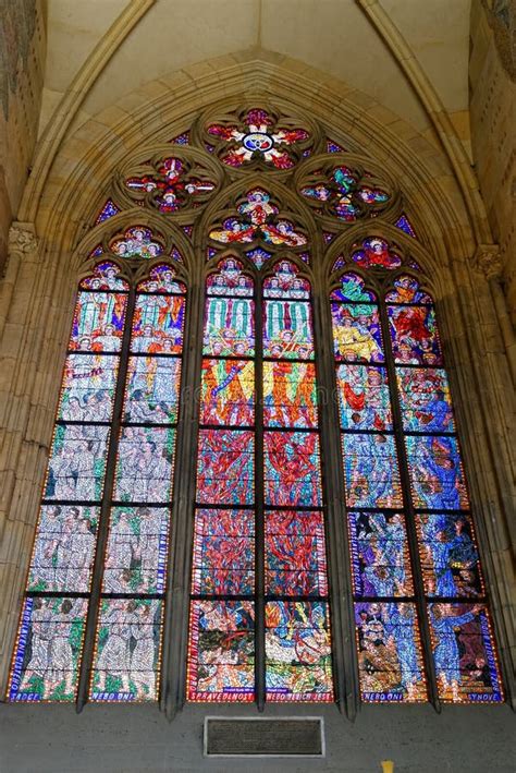 Stained Glass Window In The Saint Vitus Cathedral In Prague Czech Republic Editorial Image