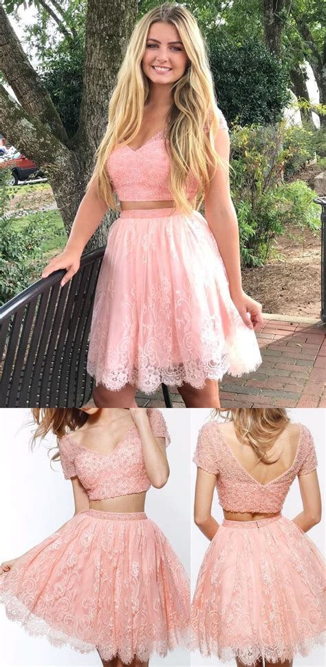 Cute V Neck Two Piece Homecoming Dressshort Pink Lace Beaded