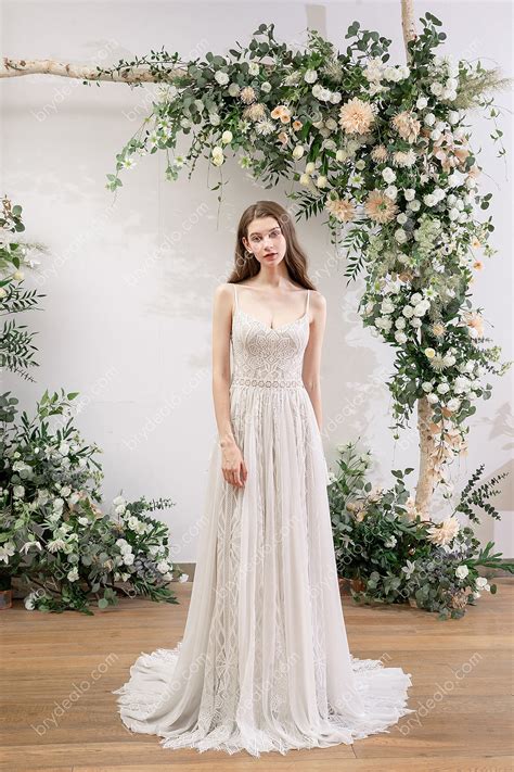 Flowy Spaghetti Strap V Neck Lace Chiffon Boho Wedding