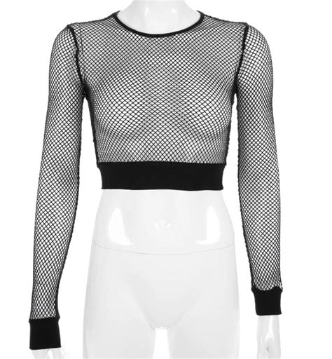 Hollow Out Long Sleeve See Through Sexy Fishnet Crop Top Etsy Uk