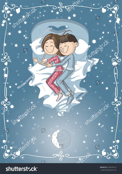 Cute Cartoon Couple Cuddles Bed Vector Stock Vector