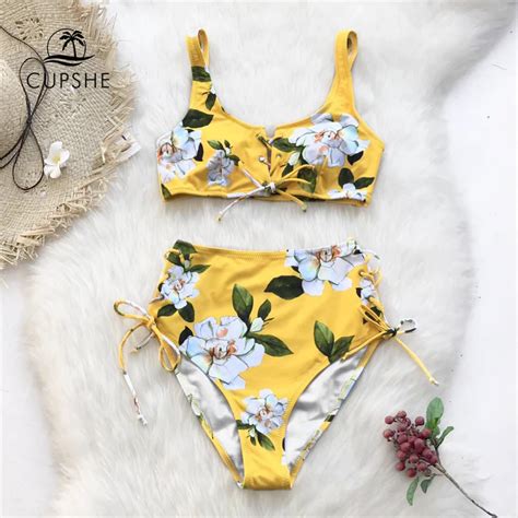 cupshe yellow floral print bikini sets women high waist lace up two pieces swimsuits 2019 girl