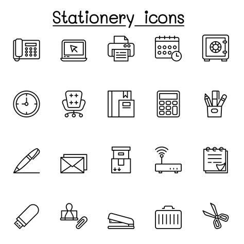 Office Stationery Icon Set In Thin Line Style 2560871 Vector Art At