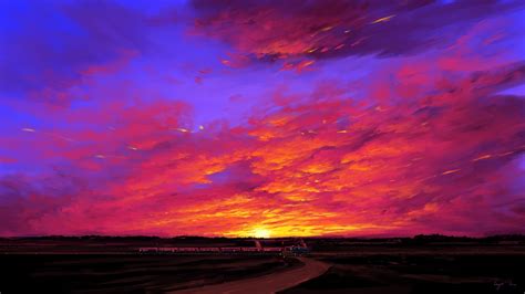 Sunset Train Railway Digital Art Road Painting Clouds Bisbiswas