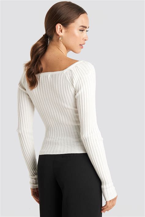 Square Neckline Ribbed Sweater White Na