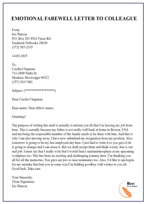 Emotional Farewell Letter To Colleague Best Letter Template