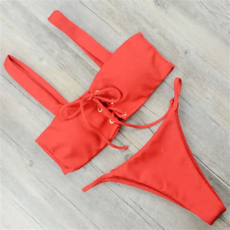 Sexy Rivet Bikini Women Solid Swimwear Red Swimsuit Brazilian Bikinis Bandeau Biquini Pads