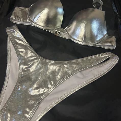 Silver Metallic Bikini Worn Once On Model For Depop