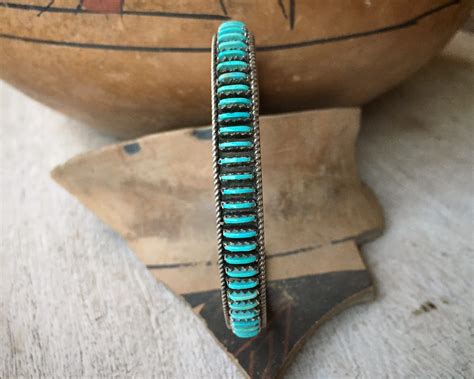 Signed Zuni Jewelry Turquoise Cuff Bracelet Needlepoint Setting Native