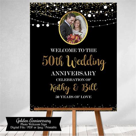 A Black And Gold Wedding Sign With The Words Welcome To The 50th