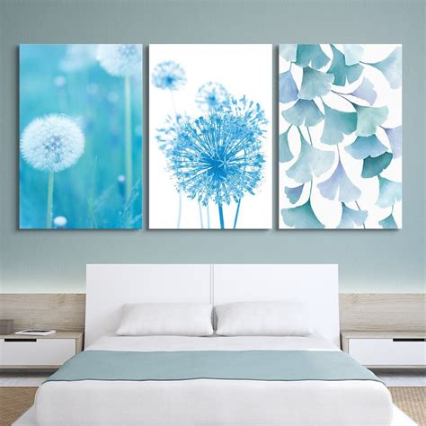 Wall26 3 Panel Canvas Wall Art Blue Dandelion And Ginkgo Leaves Giclee