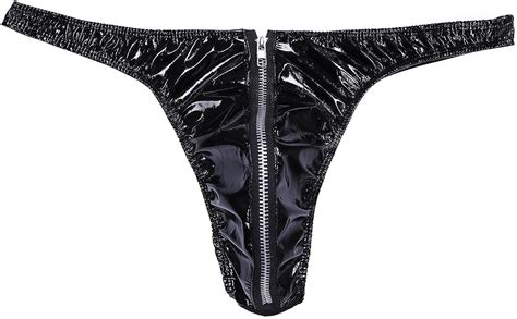 Acsuss Men S Metallic Shiny Leather Zipper Crotch G String Panties T Back Thong Underwear Black