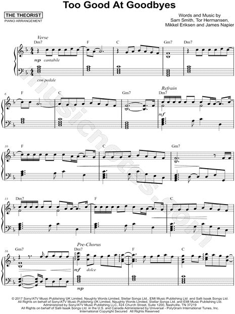 He's saying that every time someone leaves him, it only hurts him even more and he has no more tears to cry. The Theorist "Too Good at Goodbyes" Sheet Music (Piano ...