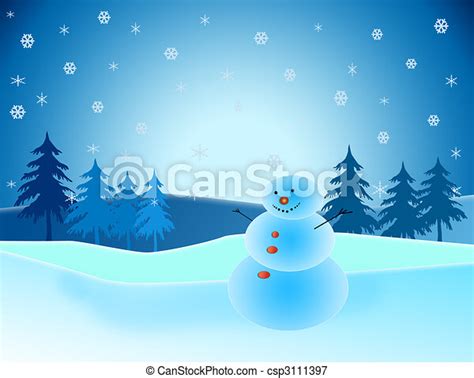 Snowman In Winter Scene With Trees And Snow Canstock