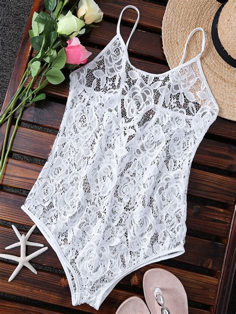 15 Off 2021 Unlined One Piece Lace Swimsuit In White Zaful