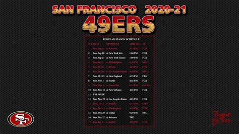Includes regular season games and tv listings. 2020-2021 San Francisco 49ers Wallpaper Schedule