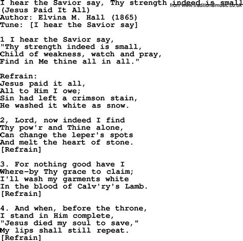 Most Popular Church Hymns and Songs: I Hear The Savior Say(Jesus Paid