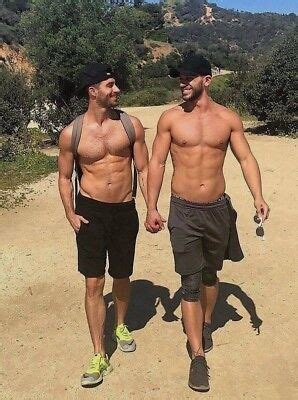 Shirtless Male Athletic Couple Hike Walking Hand Holding Hunks Photo