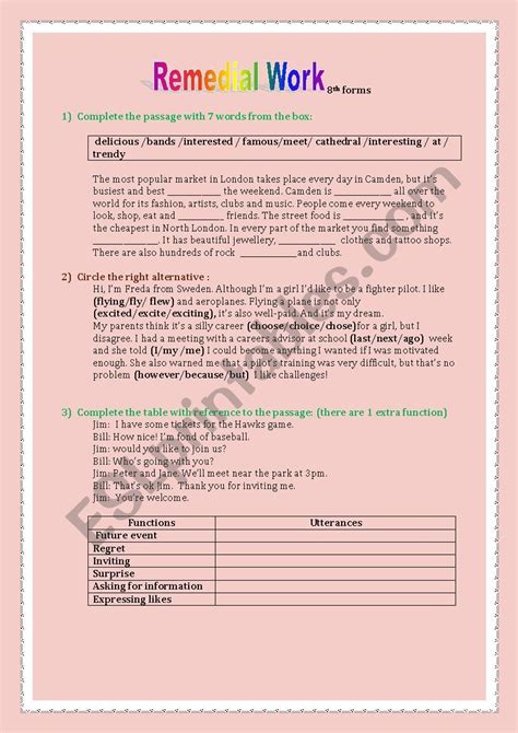 Remedial Work 8th Forms Esl Worksheet By Lobna Sari3a