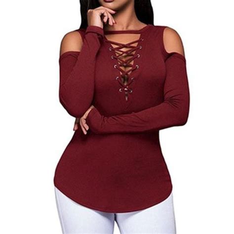 Womens Sexy Off Shoulder Tops Stretchy Ribbed Lace Up Shirt Blouses Ad