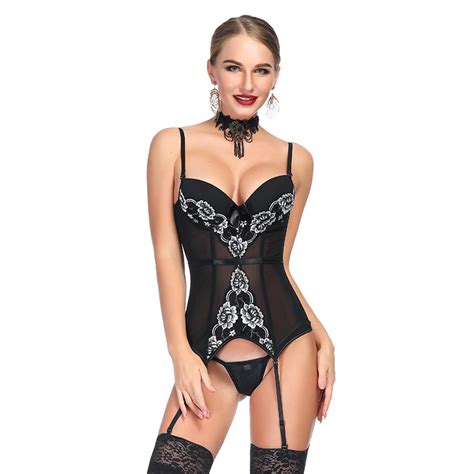 Sexy Black Mesh With Floral Embroidery Spaghetti Straps Stretchy Lingerie Bustier Corset N19204