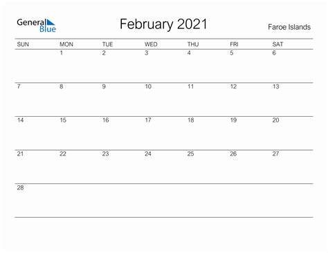 Printable February 2021 Monthly Calendar With Holidays For Faroe Islands