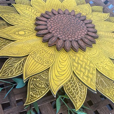 Layered Wooden Sunflower Laser Engraved Sunflower Etsy