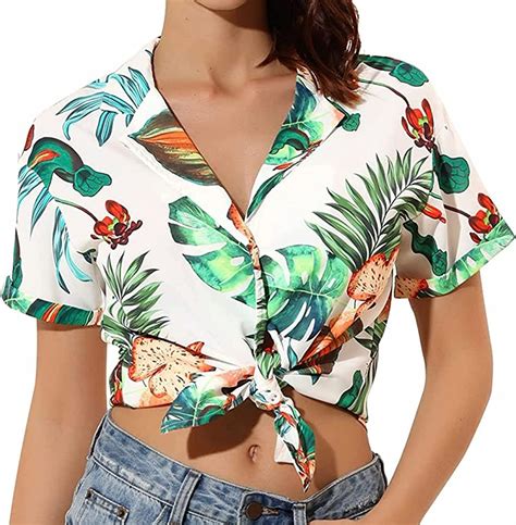 CHICTRY Damen Hawaii Bluse Kurzarm Strand Reise Blätter D Gedruckt Hawaiihemd Button Down Hemd