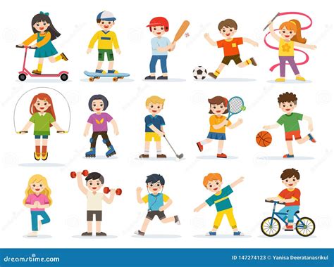 Happy Kids Playing Sportive And Enjoying Different Sports Exercises