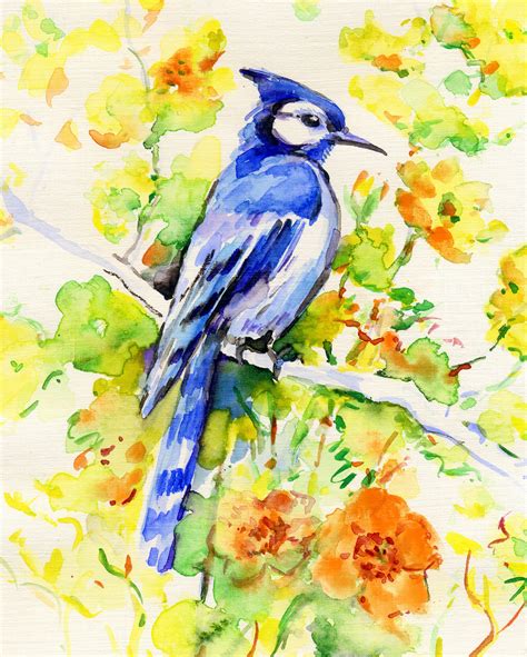 Set Of 2 Blue Jay Birds And Flowers Paintings Original Etsy