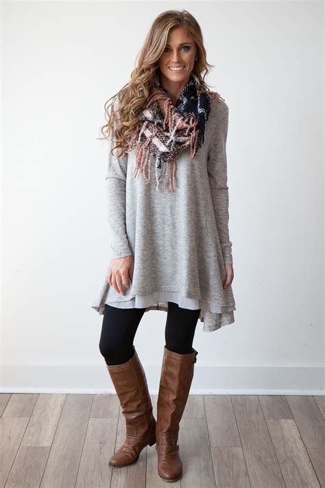 Long Sleeve Layered Flare Tunic Heather Grey Outfits With Leggings
