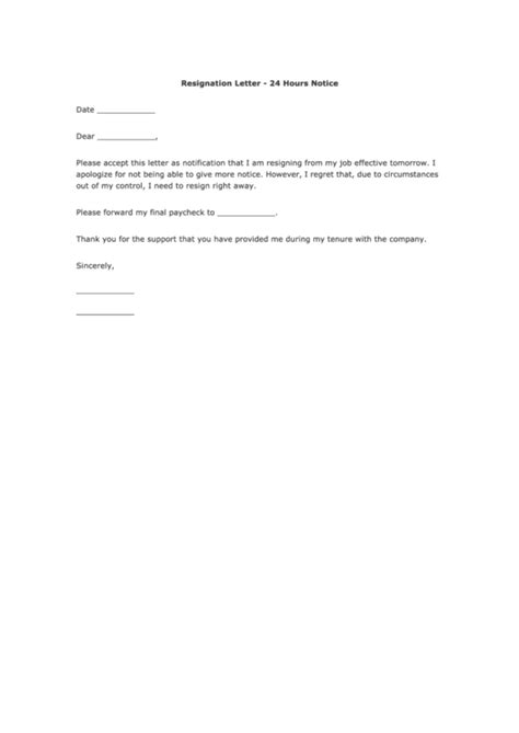 Fillable 24 Hours Notice Resignation Letter Template Printable Pdf Download