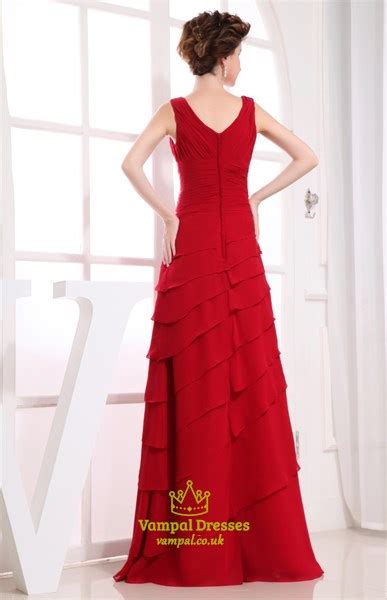 Long Red Chiffon Prom Dress A Line V Neck Floor Length Chiffon Dress