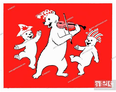 dancing bears û polar bear playing a violin with two smaller bears dancing two colour design