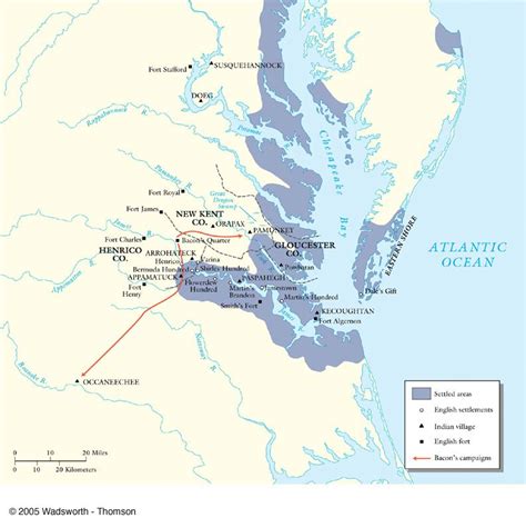 Map Showing The Extent Of Bacons Rebellion 1676 1677 Virginia
