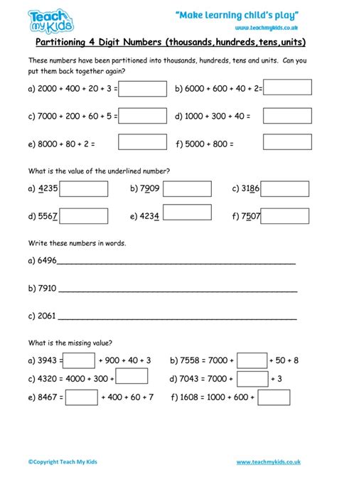 Partitioning 4 Digit Numbers Worksheet