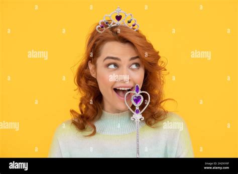 Happy Redhead Woman In Queen Crown With Magic Wand Make Wish Stock