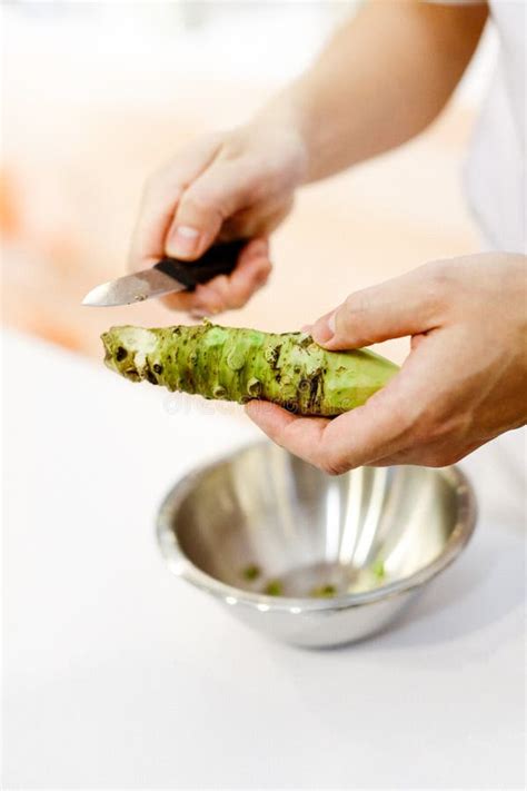 Sushi Chef Grating Fresh Wasabi Fresh Wasabi Root Prepare For N Stock
