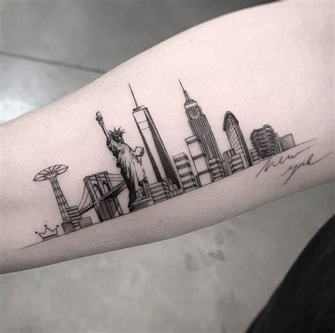 Fine Line New York Skyline Tattoo On The Inner Forearm