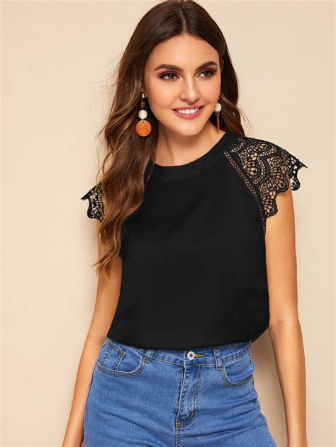 Scallop Trim Lace Contrast Sleeve Tee Fashion Lace Cuffs How To