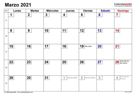 Calendario Marzo 2021 En Word Excel Y Pdf Calendarpedia