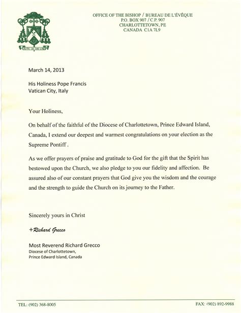 Letter To Pope Francis Diocese Of Charlottetown