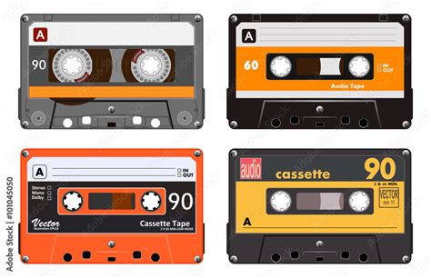 Collection Of Four Plastic Audio Cassettes Tape Different Colorful Music Tapes Orange Set Old