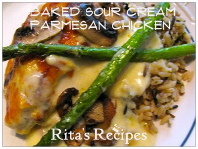 Combine the sour cream, parmesan cheese, garlic, paprika, salt and pepper until smooth. Rita's Recipes: Baked Sour Cream Parmesan Chicken