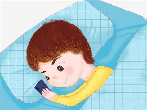 Stay Up Late Lay Bed Play Cell Phone Little Boy Cartoon