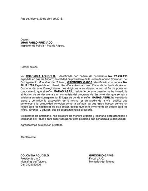 Carta A La Inspeccion De Policia Paz De Ariporo 20 De Abril De 2015