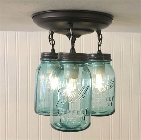 Vintage Blue Mason Jar Ceiling Lighting Fixture Trio In 2021 Rustic