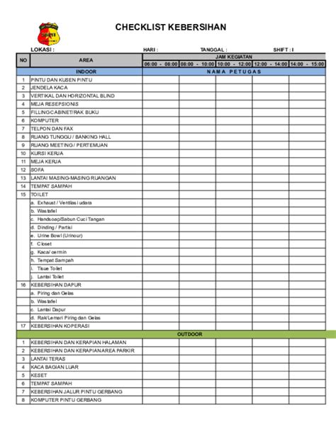 Checklist Kebersihan Toilet Excel