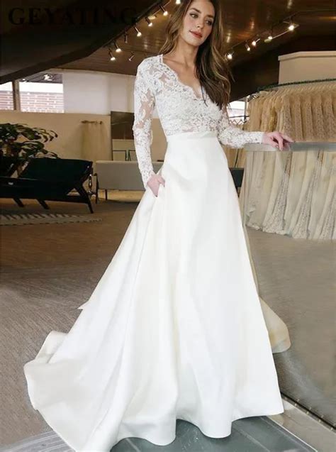 White Lace Long Sleeves Satin Wedding Dress With Pocket Elegant A Line V Neck Sweep Train Simple