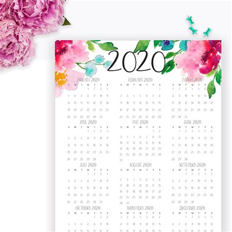 Year At A Glance Calendar 2020 Printable Letter Size Image 1 At A